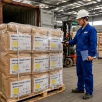 Chinese worker scanning pallets of Disperse Yellow 114 (6GSL) CAS 61968-66-9 bags ready for container loading