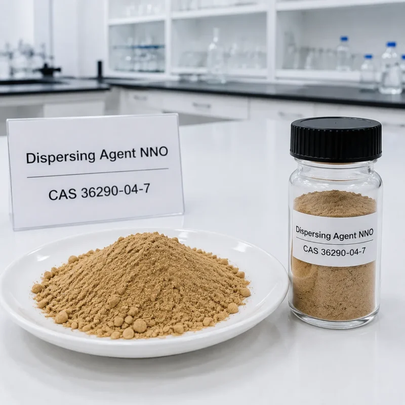 dispersing-agent-nno-cas-36290-04-7-powder-sample Brownish-yellow powder sample of Dispersing Agent NNO CAS 36290-04-7 in a glass bottle and on a white dish, with product label showing UET Chemical branding.