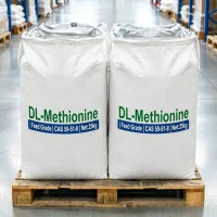 dl-methionine-cas-59-51-8-25kg-feed-grade-bags-warehouse-pallet Two 25kg woven bags of DL-Methionine CAS 59-51-8 Feed Grade with inner aluminum moisture-proof liners placed on a wooden pallet in a clean warehouse, indicating bulk supply readiness for global export.