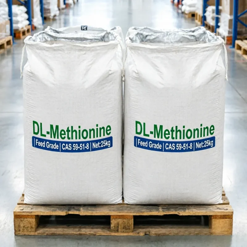 dl-methionine-cas-59-51-8-25kg-feed-grade-bags-warehouse-pallet Two 25kg woven bags of DL-Methionine CAS 59-51-8 Feed Grade with inner aluminum moisture-proof liners placed on a wooden pallet in a clean warehouse, indicating bulk supply readiness for global export.