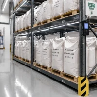 dl-tartaric-acid-bags-warehouse-racking-stock-cas-133-37-9 Palletized bags of DL-tartaric acid CAS 133-37-9 stored on warehouse racking shelves, bulk stock by UET Chemical