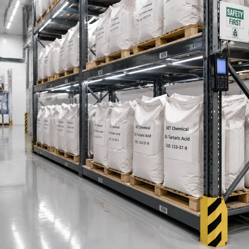 dl-tartaric-acid-bags-warehouse-racking-stock-cas-133-37-9 Palletized bags of DL-tartaric acid CAS 133-37-9 stored on warehouse racking shelves, bulk stock by UET Chemical