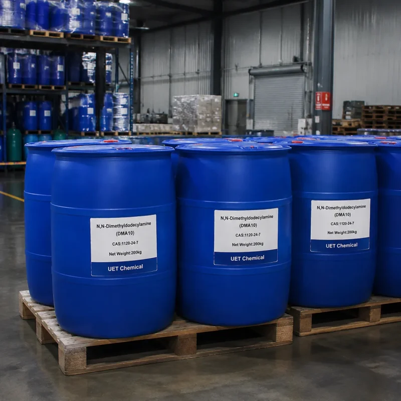 dma10-cas-1120-24-7-blue-plastic-drum-bulk-storage Multiple blue plastic drums (Net Weight: 200kg each) of N,N-Dimethyldecylamine (DMA10, CAS 1120-24-7) stacked on wooden pallets in warehouse, labeled UET Chemical, industrial bulk packaging for export