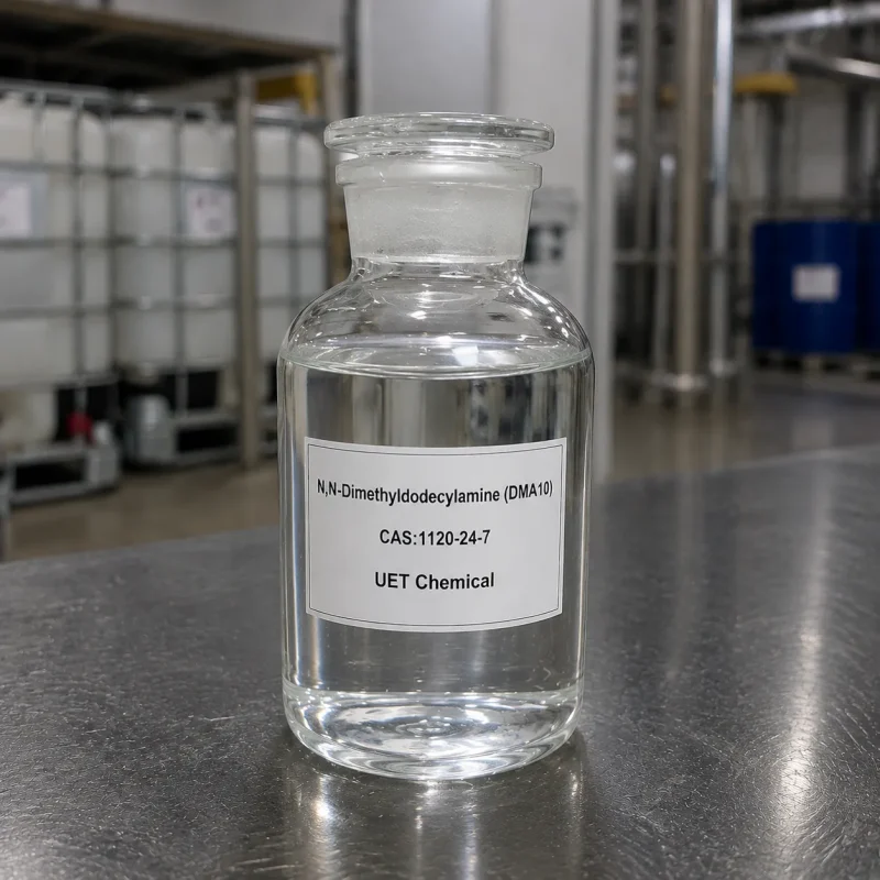 dma10-nn-dimethyldecylamine-clear-liquid-sample-bottle Clear glass reagent bottle filled with colorless liquid N,N-Dimethyldecylamine (DMA10, CAS 1120-24-7) on stainless steel table, labeled UET Chemical, sample for surfactant and chemical intermediate verification