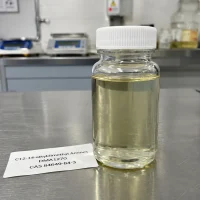 dma1270-c12-14-alkyldimethyl-amines-sample-bottle Clear plastic sample bottle containing pale yellow liquid C12-14 Alkyldimethyl Amines (DMA1270, CAS 84649-84-3) on stainless steel lab table, labeled UET Chemical, sample for surfactant and textile auxiliary verification
