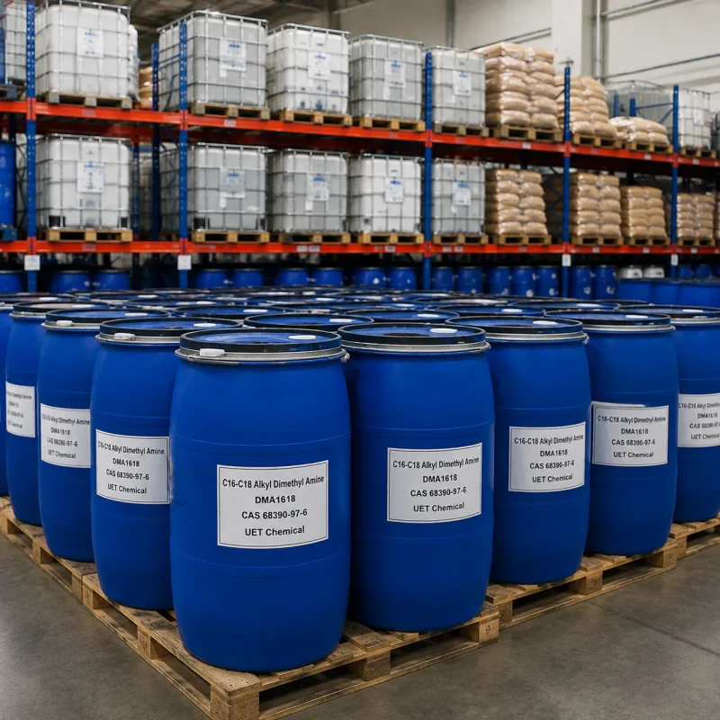 dma1618-cas-68390-97-6-blue-plastic-drum-warehouse-bulk Rows of blue plastic drums containing C16-C18 Alkyl Dimethyl Amine (DMA1618, CAS 68390-97-6) on wooden pallets in warehouse, labeled UET Chemical, bulk supply for surfactant and quaternary ammonium salt production