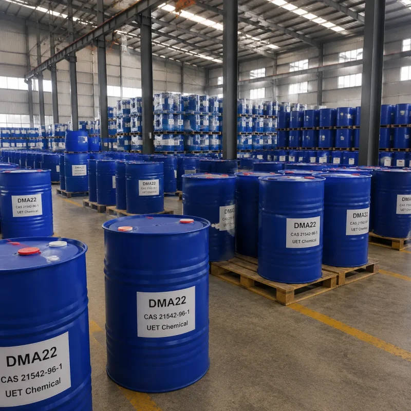 dma22-cas-21542-96-1-bulk-storage-blue-drums Large quantity of blue drums containing Behenyl Dimethylamine (DMA22, CAS 21542-96-1) arranged on pallets in factory warehouse, UET Chemical bulk supply for textile softener and antistatic agent manufacturing