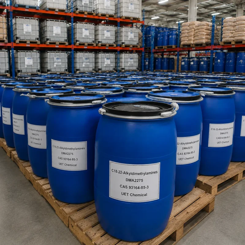 dma2275-cas-93164-85-3-blue-plastic-drum-bulk-warehouse Rows of blue plastic drums containing C18-22-Alkyldimethylamines (DMA2275, CAS 93164-85-3) on wooden pallets in warehouse, labeled UET Chemical, bulk industrial packaging for cationic surfactant production