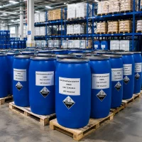 dma8-cas-7378-99-6-blue-plastic-drum-corrosive-bulk-packaging Blue plastic drums of N,N-Dimethyloctylamine (DMA8, CAS 7378-99-6) on wooden pallets in warehouse, labeled UET Chemical with Corrosive Class 8 hazard diamond, bulk packaging for surfactant manufacturing