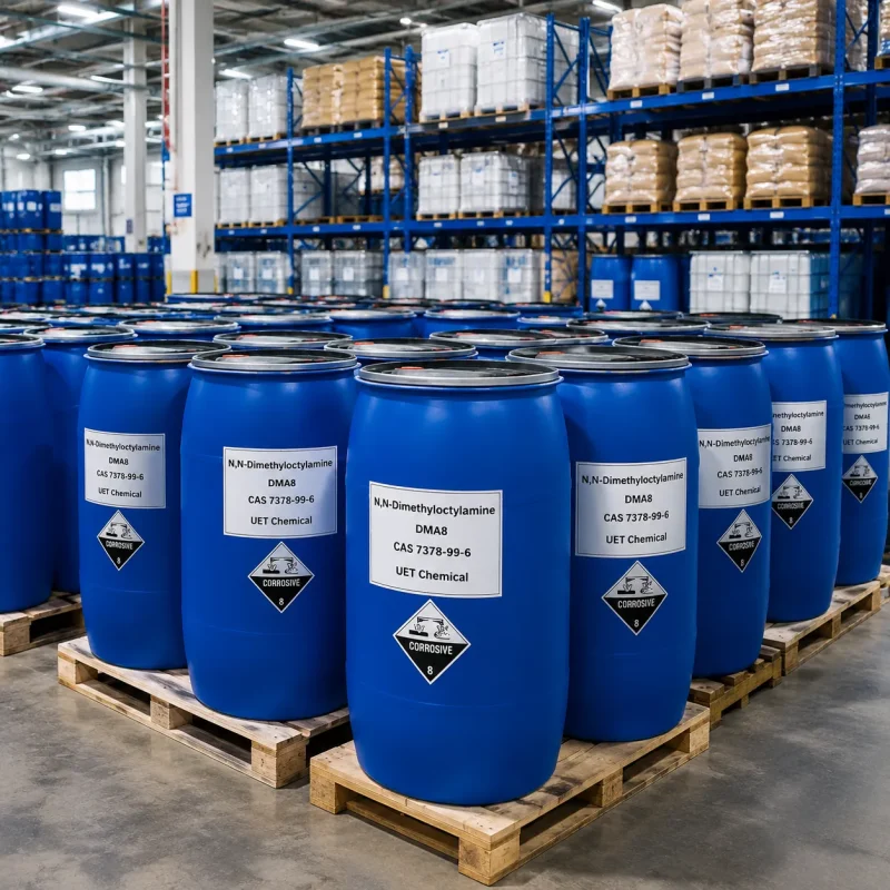 dma8-cas-7378-99-6-blue-plastic-drum-corrosive-bulk-packaging Blue plastic drums of N,N-Dimethyloctylamine (DMA8, CAS 7378-99-6) on wooden pallets in warehouse, labeled UET Chemical with Corrosive Class 8 hazard diamond, bulk packaging for surfactant manufacturing