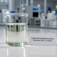 dodecyltrimethylammonium-chloride-cas-112-00-5-liquid-sample Clear liquid sample of Dodecyltrimethylammonium Chloride (DTAC) CAS 112-00-5 in glass beaker in laboratory