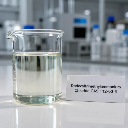 Clear liquid sample of Dodecyltrimethylammonium Chloride (DTAC) CAS 112-00-5 in glass beaker in laboratory