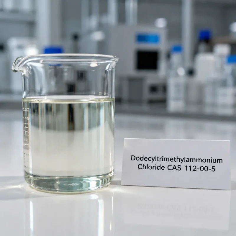 dodecyltrimethylammonium-chloride-cas-112-00-5-liquid-sample Clear liquid sample of Dodecyltrimethylammonium Chloride (DTAC) CAS 112-00-5 in glass beaker in laboratory