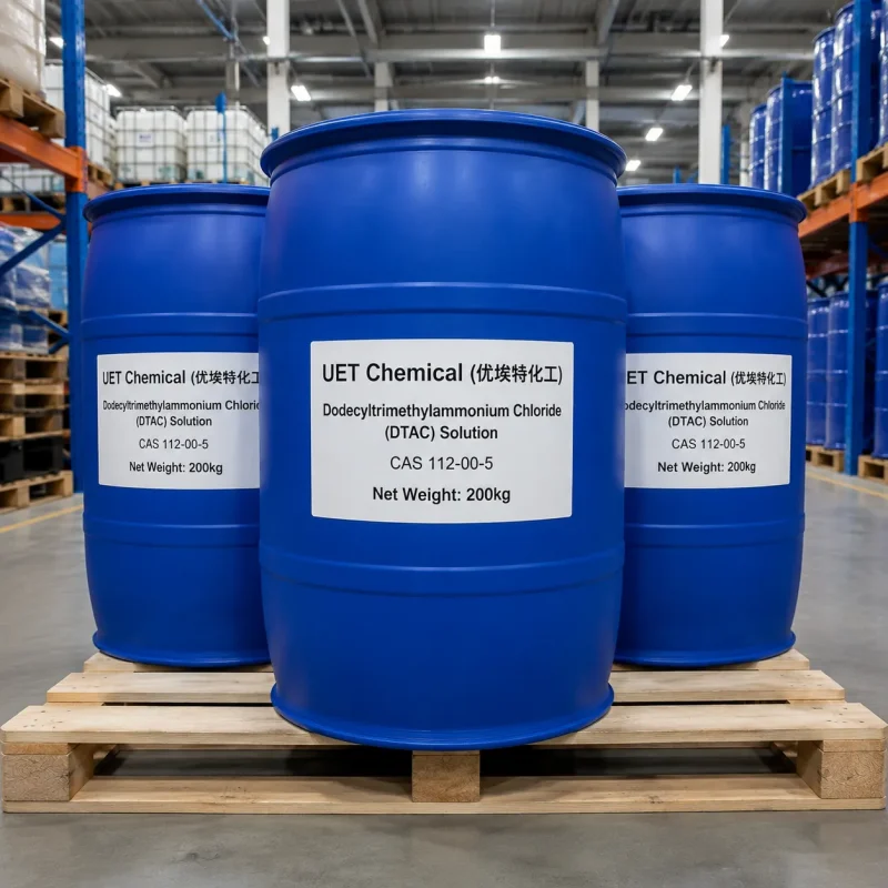 dodecyltrimethylammonium-chloride-dtac-solution-200kg-drums 200kg blue plastic drums of Dodecyltrimethylammonium Chloride (DTAC) Solution CAS 112-00-5 on wooden pallet in warehouse