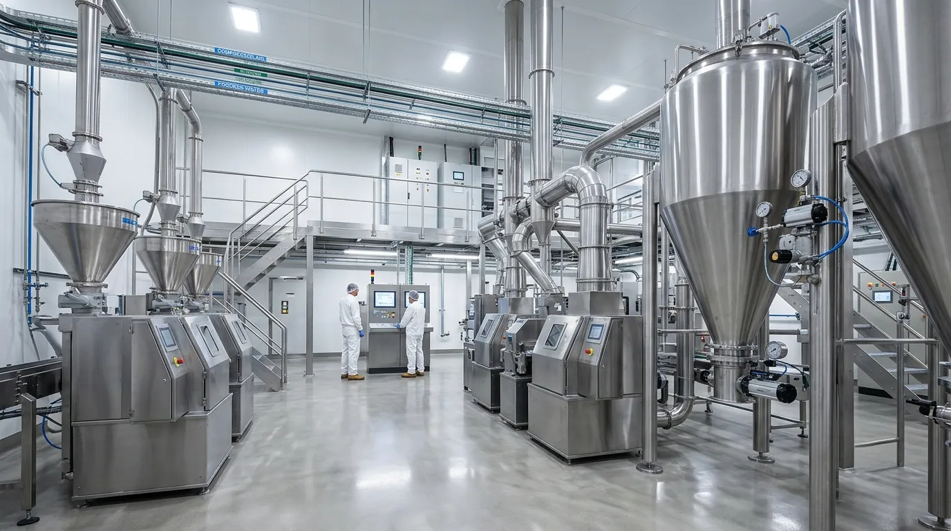 Spotless, dust-free powder processing area at UET Chemical equipped with stainless steel conical blenders and precision handling machinery.