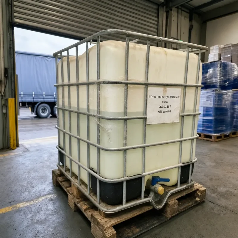 egda-cas-111-55-7-1000kg-ibc-tote-bulk-packaging 1000kg IBC bulk container of EGDA (Ethylene Glycol Diacetate) CAS 111-55-7 placed on a pallet in a warehouse, featuring a blue bottom discharge valve for efficient industrial liquid transfer.