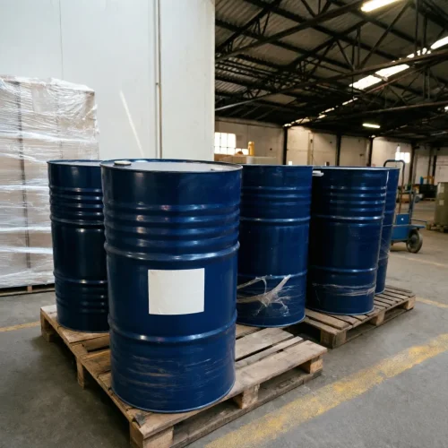 Standard 200kg blue steel drums of Ethylene Glycol Diacetate (EGDA) CAS 111-55-7 securely stored on wooden pallets in an industrial warehouse, ready for bulk chemical shipping.
