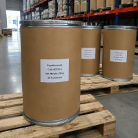 Brown fiber drums labeled Ergothioneine CAS 497-30-3 with 25kg net weight stacked on wooden pallets in warehouse, standard packaging for bulk antioxidant supply from UET Chemical.
