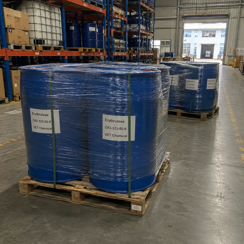 Blue industrial drums wrapped in stretch film containing bulk Erythrulose CAS 533-50-6 ready for export shipment, large scale chemical supply from UET Chemical manufacturer.