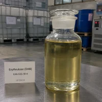 Glass reagent bottle containing yellowish liquid Erythrulose (DHB) CAS 533-50-6 sample, a key cosmetic tanning agent ingredient from UET Chemical, with IBC tanks in the warehouse background.