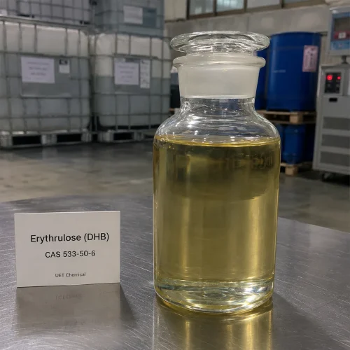 erythrulose-dhb-cas-533-50-6-liquid-sample-bottle Glass reagent bottle containing yellowish liquid Erythrulose (DHB) CAS 533-50-6 sample, a key cosmetic tanning agent ingredient from UET Chemical, with IBC tanks in the warehouse background.