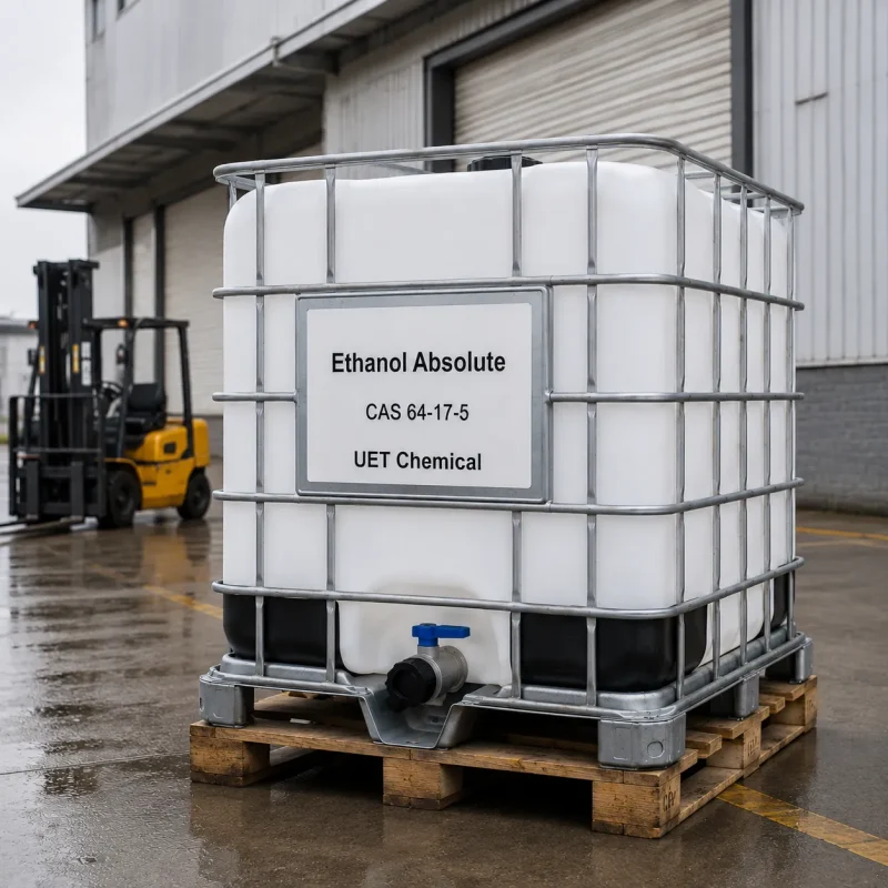 ethanol-absolute-cas-64-17-5-ibc-tote-tank-factory-logistics-uetchmical White IBC tote tank of Ethanol Absolute CAS 64-17-5 ready for shipment near a factory loading dock with a forklift, showcasing bulk logistics capabilities of UET Chemical.