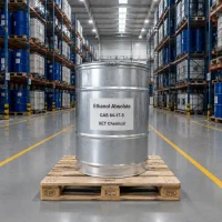 ethanol-absolute-cas-64-17-5-industrial-metal-drum-warehouse-uetchmical Industrial galvanized metal drum of Ethanol Absolute CAS 64-17-5 on a wooden pallet in a large warehouse, indicating bulk supply and safe storage by UET Chemical.