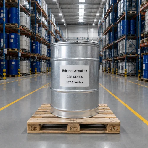 Industrial galvanized metal drum of Ethanol Absolute CAS 64-17-5 on a wooden pallet in a large warehouse, indicating bulk supply and safe storage by UET Chemical.