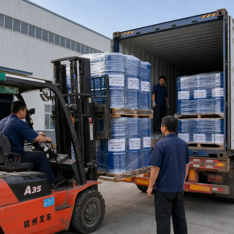ethyl-acrylate-cas-140-88-5-container-loading-shipment UET Chemical forklift loading palletized Ethyl Acrylate (EA) CAS 140-88-5 drums into shipping container for export