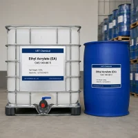 ethyl-acrylate-cas-140-88-5-ibc-tote-drum-packaging Ethyl Acrylate (EA) CAS 140-88-5 packaging options: 1000L IBC tote and 200kg blue drum with UET Chemical label