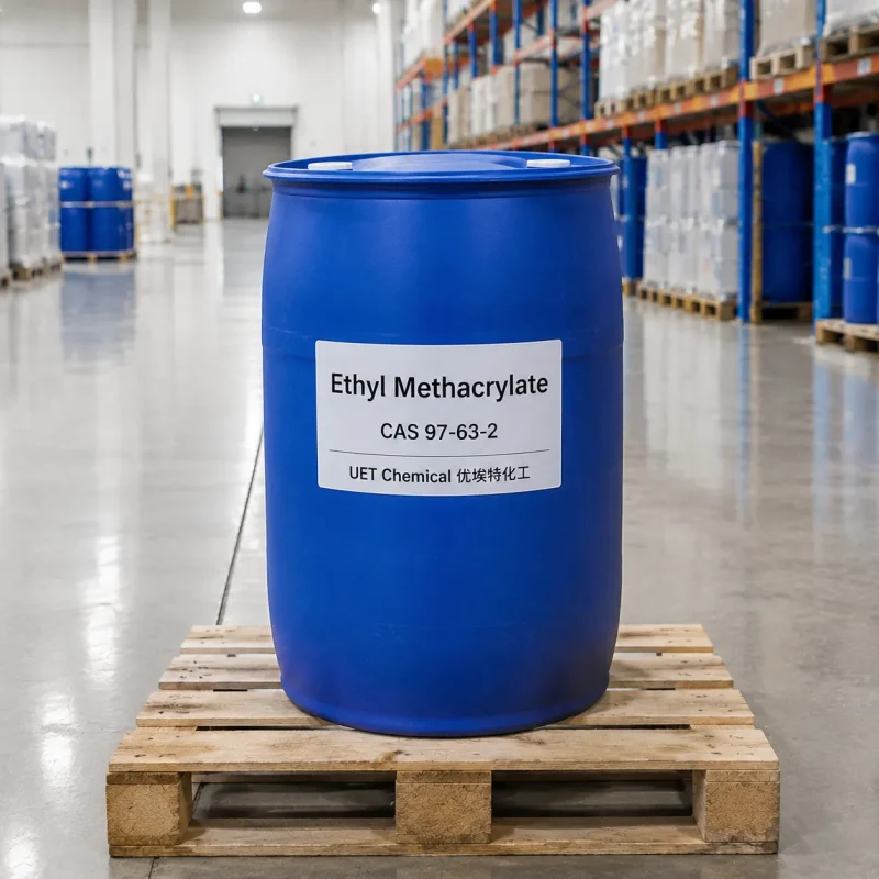 Blue plastic drum of Ethyl Methacrylate EMA CAS 97-63-2 on a wooden pallet in a warehouse, label showing UET Chemical branding and Chinese characters '优埃特化工'.