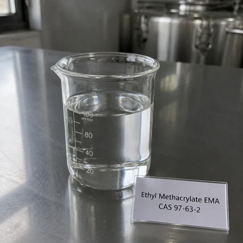 ethyl-methacrylate-ema-cas-97-63-2-clear-liquid-sample-beaker Clear liquid sample of Ethyl Methacrylate EMA CAS 97-63-2 in a transparent glass beaker on a metal lab bench, next to a label card showing product name and CAS number.