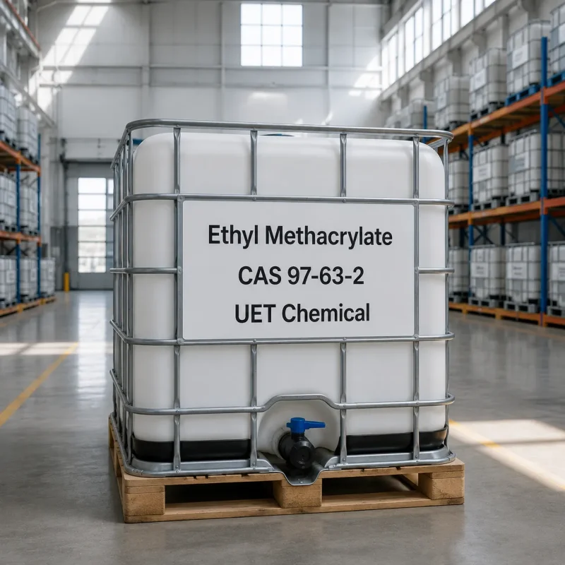 White IBC tote of Ethyl Methacrylate EMA CAS 97-63-2 with metal cage and discharge valve, labeled with UET Chemical branding, positioned on a wooden pallet inside a warehouse.
