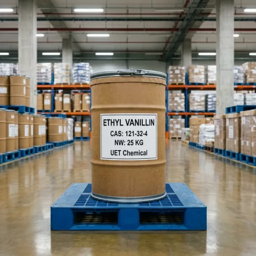 Ethyl Vanillin (CAS 121-32-4) in 25kg fiber drum packaging stored in UET Chemical warehouse