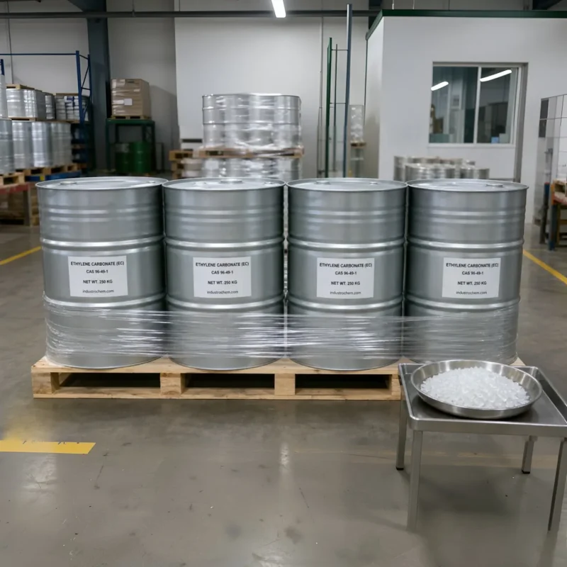 ethylene-carbonate-cas-96-49-1-250kg-silver-drum-white-crystalline-flakes 250kg silver steel drums of Ethylene Carbonate (EC) CAS 96-49-1 neatly packed on a wooden pallet, displayed with an open tray of white crystalline flakes, highlighting its solid physical appearance and standard industrial bulk packaging.