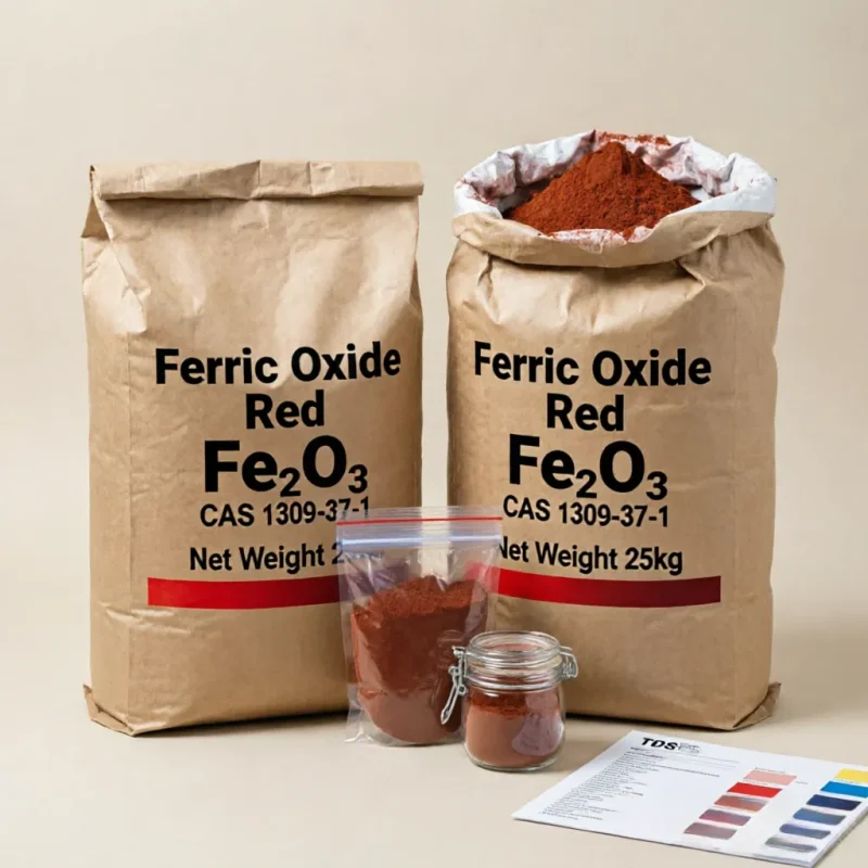 ferric-oxide-red-cas-1309-37-1-25kg-bag-tds-color-chart 25kg kraft paper packaging of Red Ferric Oxide (Iron Oxide Red, CAS 1309-37-1), accompanied by sample bags, a sealed glass jar, and a professional TDS color chart, offering complete pigment solutions for diverse industrial colorant applications.