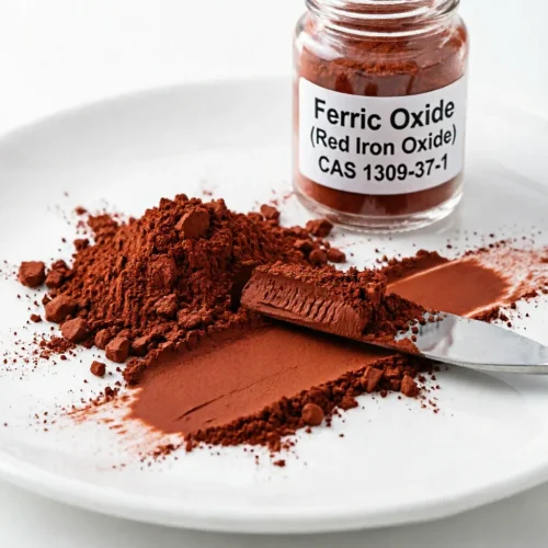 Close-up of high-purity Red Iron Oxide (Ferric Oxide, CAS 1309-37-1) fine powder on a dish with a sampling knife, showcasing its intense color and smooth texture for premium coatings, paints, and construction pigments.