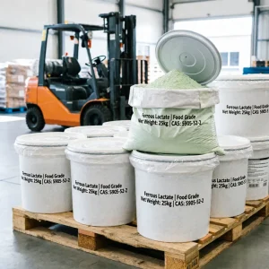 ferrous-lactate-5905-52-2-25kg-fiber-drums-warehouse Stacked 25kg fiber drums of Ferrous Lactate CAS 5905-52-2 on pallets in warehouse for bulk food additive supply