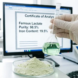 ferrous-lactate-5905-52-2-coa-report-lab-quality-test Lab quality control of food grade Ferrous Lactate CAS 5905-52-2 with COA report verifying low heavy metals and high purity