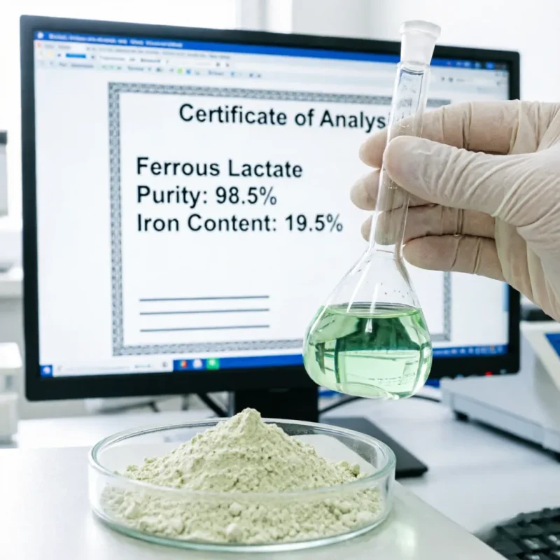 ferrous-lactate-5905-52-2-coa-report-lab-quality-test Lab quality control of food grade Ferrous Lactate CAS 5905-52-2 with COA report verifying low heavy metals and high purity