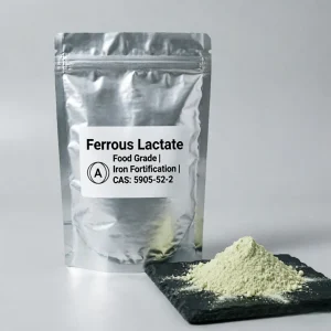 ferrous-lactate-5905-52-2-food-grade-aluminum-bag Silver aluminum bag of food grade Ferrous Lactate CAS 5905-52-2 with clear label for iron supplement packaging