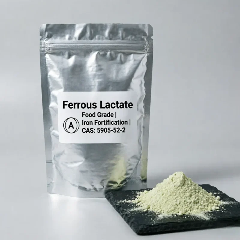 ferrous-lactate-5905-52-2-food-grade-aluminum-bag Silver aluminum bag of food grade Ferrous Lactate CAS 5905-52-2 with clear label for iron supplement packaging