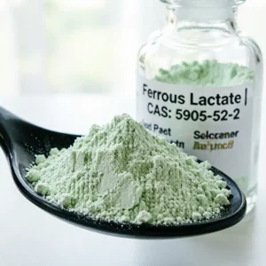 ferrous-lactate-5905-52-2-light-green-powder-sample Light green crystalline powder of Ferrous Lactate CAS 5905-52-2 in glass dish showing fine texture for food grade use