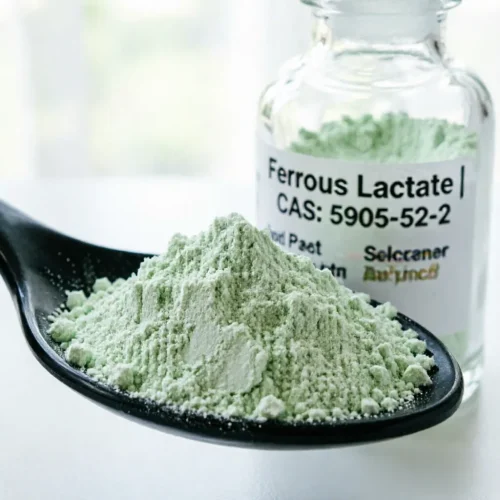 ferrous-lactate-5905-52-2-light-green-powder-sample Light green crystalline powder of Ferrous Lactate CAS 5905-52-2 in glass dish showing fine texture for food grade use