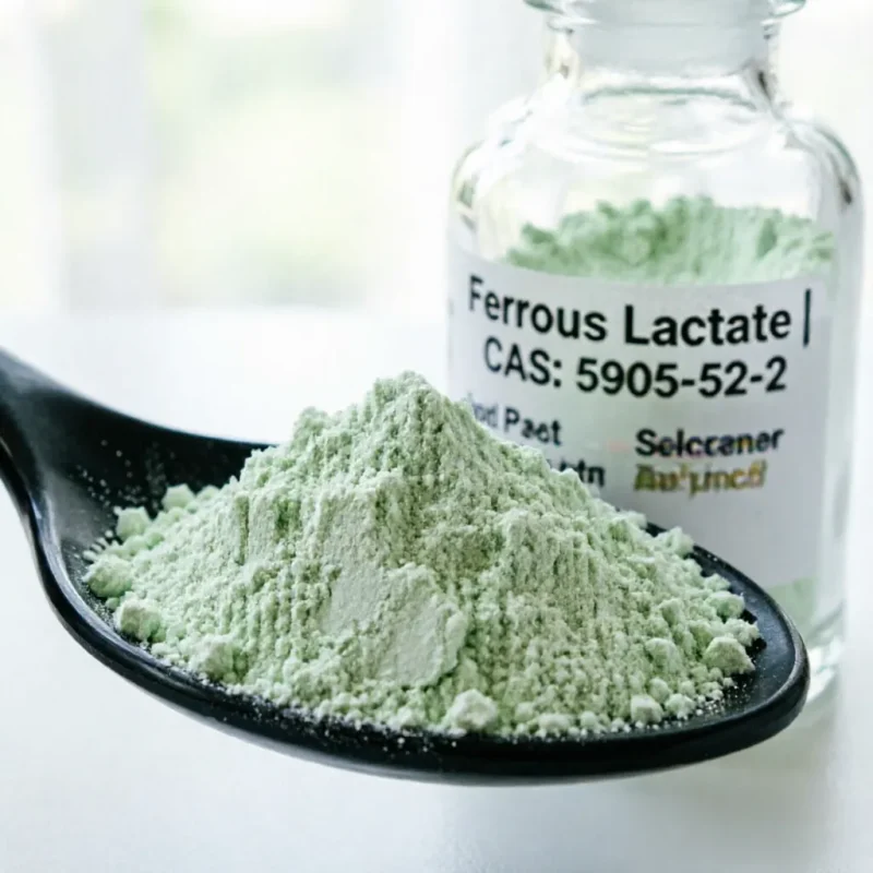 ferrous-lactate-5905-52-2-light-green-powder-sample Light green crystalline powder of Ferrous Lactate CAS 5905-52-2 in glass dish showing fine texture for food grade use