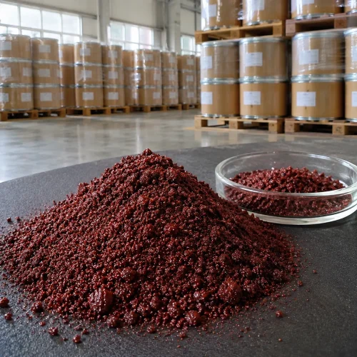 ferrozine-sodium-cas-69898-45-9-red-crystalline-powder-sample Close-up of deep red crystalline powder of Ferrozine Sodium CAS 69898-45-9 on dark surface with glass petri dish sample, showcasing purity and texture in warehouse setting.