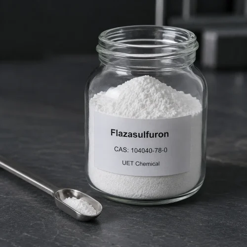 Fine white powder sample of Flazasulfuron CAS 104040-78-0 in a clear glass jar with a stainless steel scoop beside it on a dark stone surface, label showing UET Chemical branding and product details.