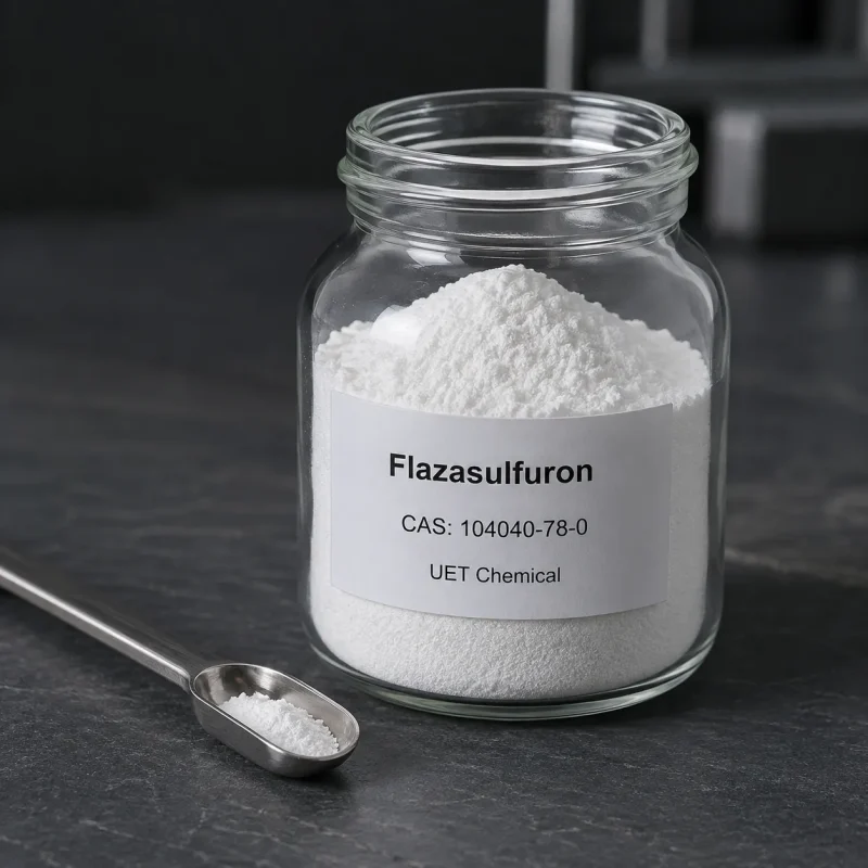 flazasulfuron-cas-104040-78-0-white-powder-sample-glass-jar Fine white powder sample of Flazasulfuron CAS 104040-78-0 in a clear glass jar with a stainless steel scoop beside it on a dark stone surface, label showing UET Chemical branding and product details.