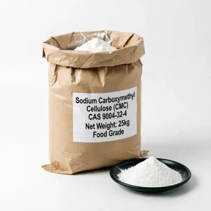 Food Grade Sodium Carboxymethyl Cellulose (CMC, CAS 9004-32-4) 25kg kraft paper bag packaging with an open top, presented with a pile of white powder. Ideal as a safe and reliable food thickener, emulsifier, and texture enhancer.