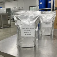 Silver aluminum foil bags containing 1kg net weight of Fungal Alpha-Amylase CAS 9001-19-8, small packaging solution for samples or small orders from UET Chemical manufacturer.